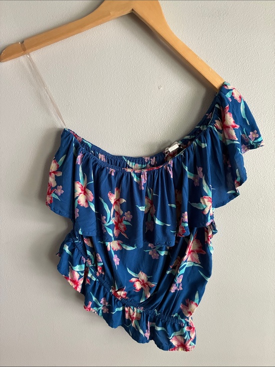 American Eagle Outfitters Tops - American Eagle Floral One Shoulder Ruffle Top Small Blue Tropical Boho
